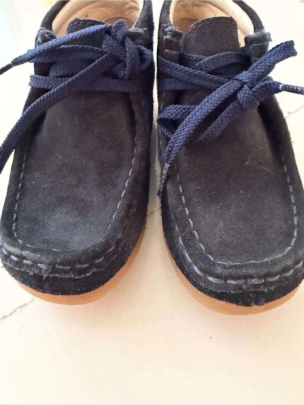 Kids Clark Wallabee Navy Suede Moccasin Ankle Boots